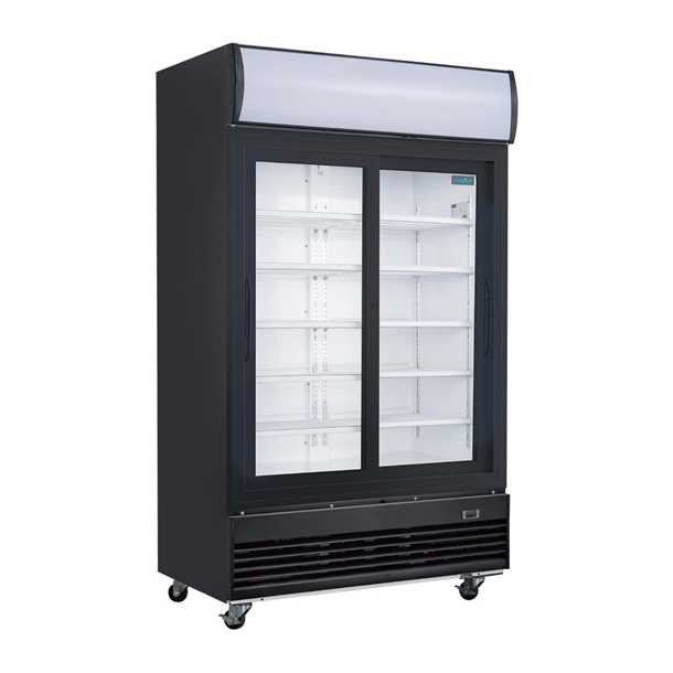 Polar G-Series Upright Sliding Door Display Cooler with Light Box 950Ltr Black Polar G-Series Upright Sliding Door Display Cooler with Light Box 950Ltr Black