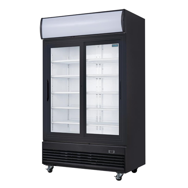 Polar G-Series Upright Sliding Door Display Cooler with Light Box 950Ltr Black Polar G-Series Upright Sliding Door Display Cooler with Light Box 950Ltr Black