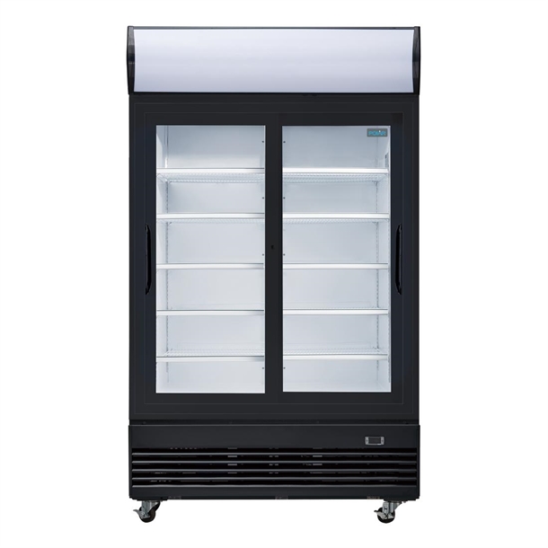 Polar G-Series Upright Sliding Door Display Cooler with Light Box 950Ltr Black Polar G-Series Upright Sliding Door Display Cooler with Light Box 950Ltr Black