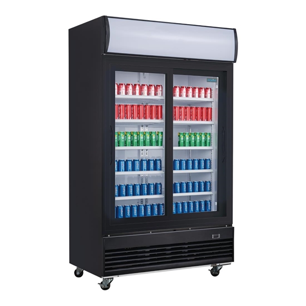 Polar G-Series Upright Sliding Door Display Cooler with Light Box 950Ltr Black Polar G-Series Upright Sliding Door Display Cooler with Light Box 950Ltr Black