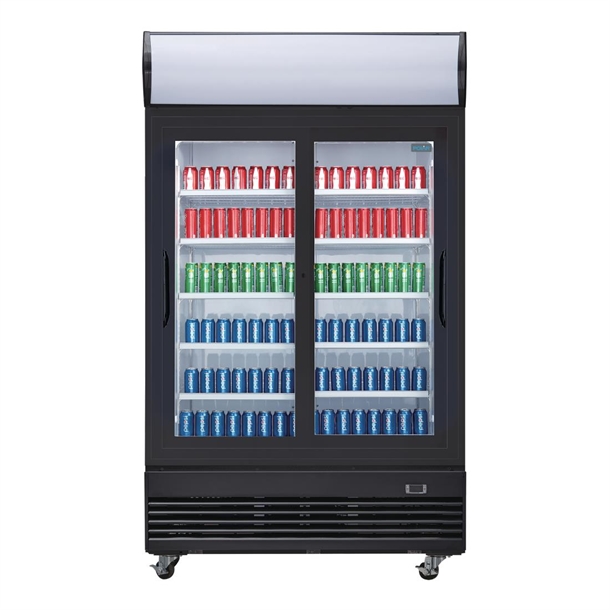 Polar G-Series Upright Sliding Door Display Cooler with Light Box 950Ltr Black Polar G-Series Upright Sliding Door Display Cooler with Light Box 950Ltr Black