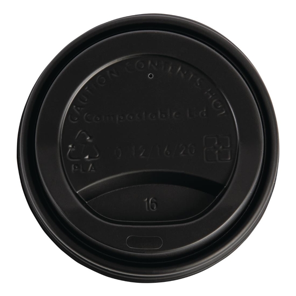 Fiesta Compostable Lid for Hot Cups Black 340/455ml (50 Pack) Fiesta Compostable Lid for Hot Cups Black 340/455ml (50 Pack)
