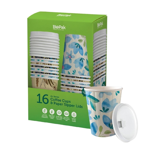 BioPak BioCup Double Wall & Paper Sipper Lid - 390ml (16 Pack)