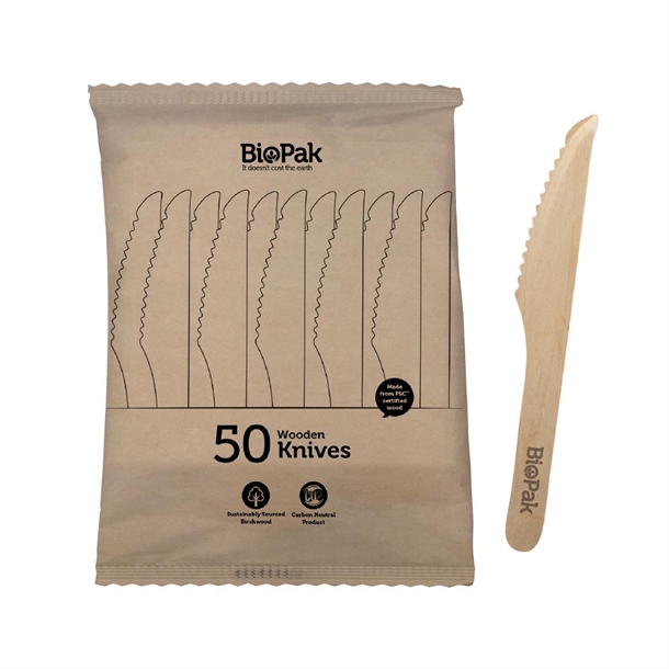 BioPak BioCutlery Wooden Knife - 16cm (50 Pack)