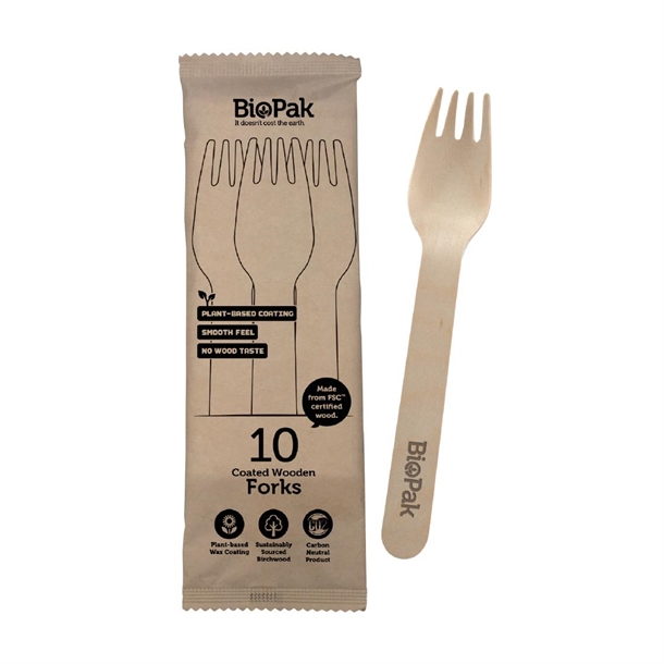 BioPak BioCutlery Wooden Fork in Paper Sleeves - 16cm (10 Pack) BioPak BioCutlery Wooden Fork in Paper Sleeves - 16cm (10 Pack)